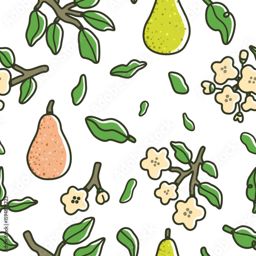 Seamless pattern with hand-drawn pears, branches, leaves, and pear blossoms. Cute and playful vector illustration in cartoon style. Perfect for fabric, wrapping paper, and kids' designs.