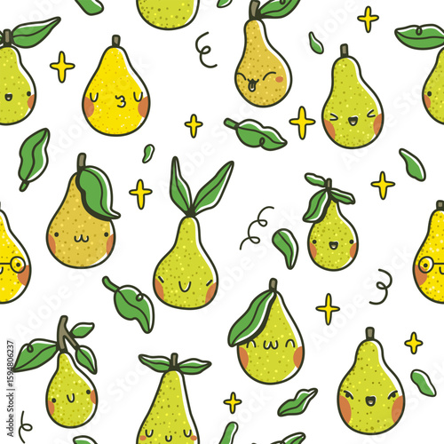 Seamless pattern with cute cartoon pears, green leaves, and sparkling yellow stars. Hand-drawn vector illustration in kawaii style with happy fruit characters and playful details.