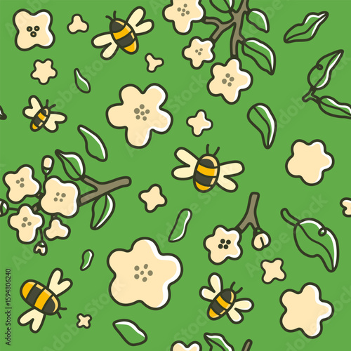Seamless pattern with cute bees, cartoon flowers, and green leaves on a spring green background. Hand-drawn vector illustration in playful style with nature and garden elements.