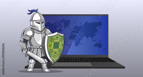 Vector technology banner. 3d portable mobile computer. Medieval knight in armor with sword and shield. Protection and antivirus. Screen with world map. Digital data security