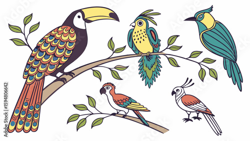 Vibrant hand-drawn exotic tropical birds set illustration. Colorful toucan, parrots, and cockatoo perched on leafy branches. Decorative jungle wildlife vector art.