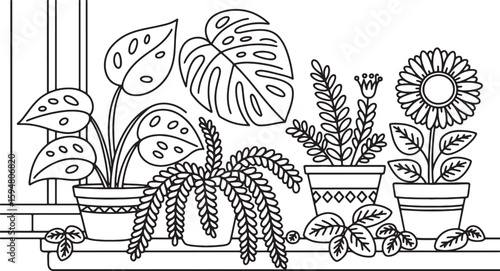 Window Sill Potted Plants Line Art – Hand Drawn Black and White Indoor Plant Vector for Coloring and Botanical Design