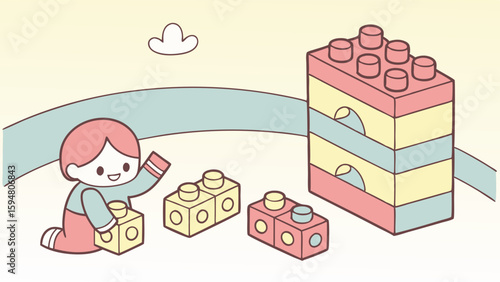 Happy cartoon child playing with pastel building blocks, constructing a tall tower. Cute illustration for kids creative play and early learning development.