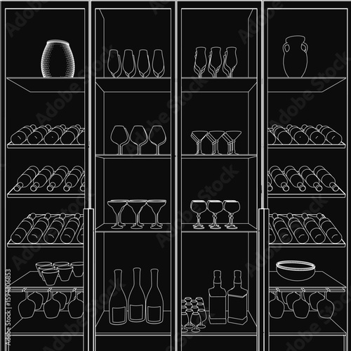 A black and white contour illustration of a wine cellar features wooden shelves stocked with bottles, glasses, and jars. The detailed cabinet design highlights the elegance of wine storage.