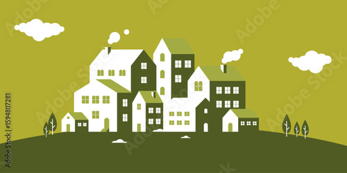 Minimalist Green Town Illustration – Flat Eco Village Landscape

