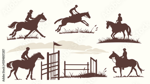 Classic equestrian horse riding silhouettes set. Riders on horses galloping, show jumping, and training. Outdoor vintage sepia style vector collection.
