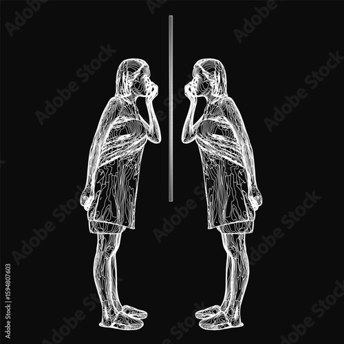 Two women are standing at a mirror on a black background, the women are wrapped in a towel, slippers on their feet, making make-up. Vector illustration