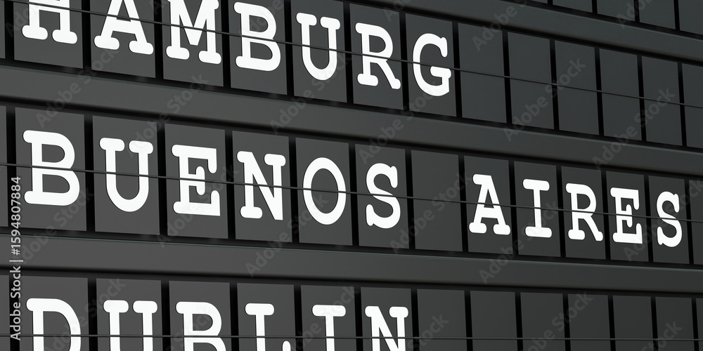 Obraz premium Buenos Aires, Argentina, travel destination, airport departure board. Tourism, booking, vacation, travel, holiday, journey. 3D illustration