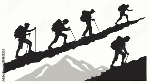 Black and white vector illustration of five adventurous hikers with backpacks and poles ascending a challenging mountain path, symbolizing progress and outdoor adventure.
