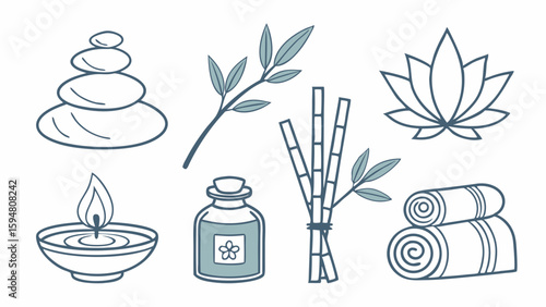 Zen spa wellness line art collection with essential oils, lotus, bamboo, stones, candles, and towels for relaxation and natural therapy icons