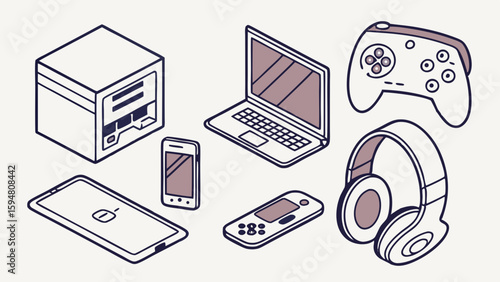 Isometric Line Art Digital Tech Gadgets Set. Modern Electronics PC, Laptop, Tablet, Smartphone, Game Controller, Headphones, Handheld Console.