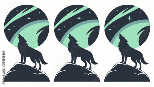 Majestic howling wolf silhouette vector art on a rock, under a circular starry night sky with vibrant green northern lights aurora borealis.