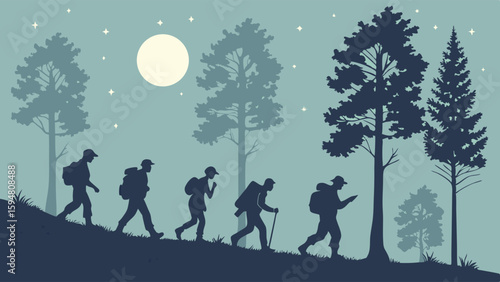 Night hike adventure with silhouette trekkers ascending a moonlit forest hill. Flat design vector art of outdoor exploration and nature journey.