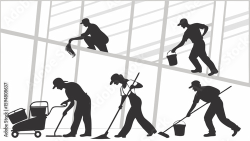 Professional cleaning staff silhouettes working in a commercial building, performing various janitorial tasks like window washing and floor mopping, vector art