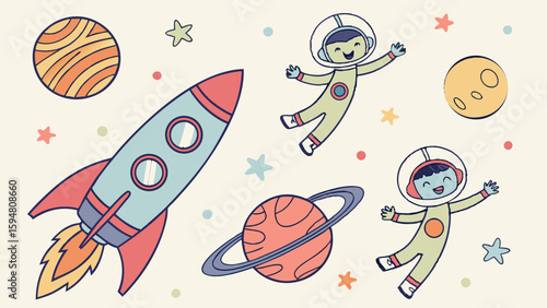 Vibrant cartoon outer space illustration with happy astronauts, a launching rocket, ringed planet, and stars for kids' educational projects.