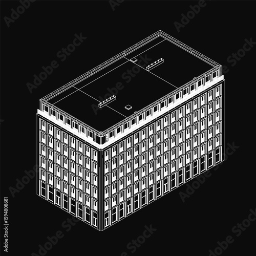 A multi-storey building with numerous windows stands tall in a black and white contour drawing against a dark background. The architectural sketch features clean lines and a striking silhouette.
