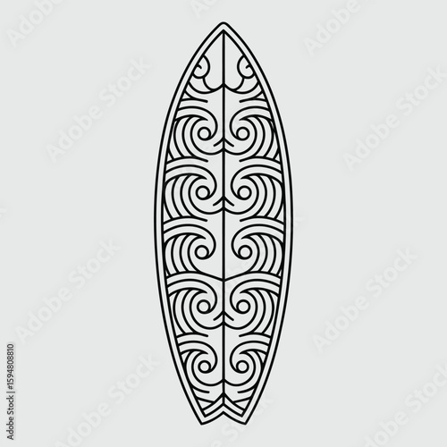 Decorative surfboard with tribal wave pattern in black and white