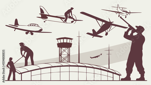 Stylized Monochromatic Vintage Aviation Illustration Classic Propeller Airplanes Pilots Ground Crew Airport Terminal Building and Air Traffic Control Tower Scene