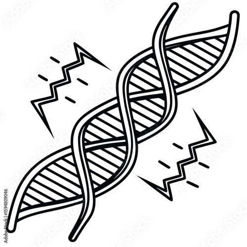 Vector art of a damaged dna helix with jagged lines indicating mutation or disruption
