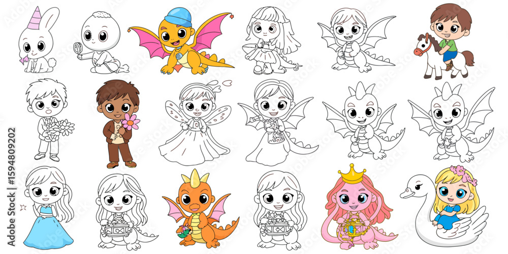 Fototapeta premium Charming Cartoon Characters Collection: A captivating assortment of delightful cartoon characters, each brimming with unique charm, poised to bring joy and creativity to any project.