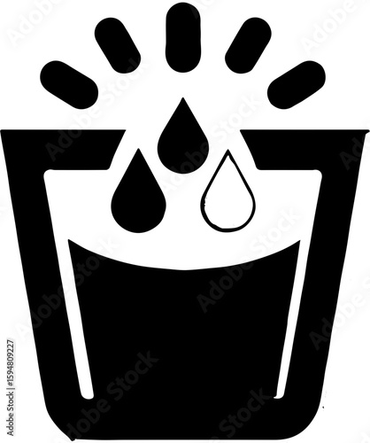 minimal black and white icon of cup with three falling drops including outline form