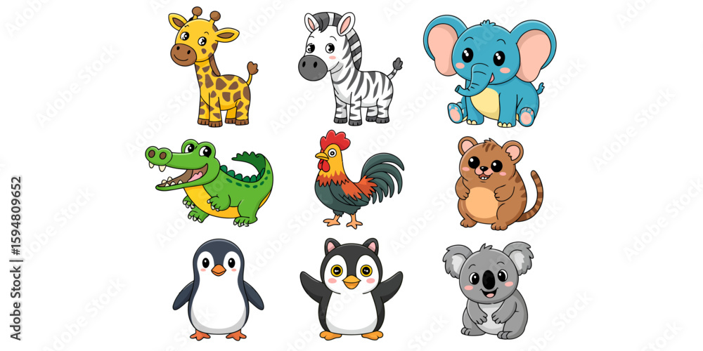 Obraz premium Cartoon Animal Characters: A captivating array of nine cartoon animal characters, each exuding unique charm and appeal, perfect for illustrating various themes.