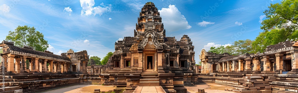 Naklejka premium Ancient Khmer Stone Temple in Thailand at Sunrise