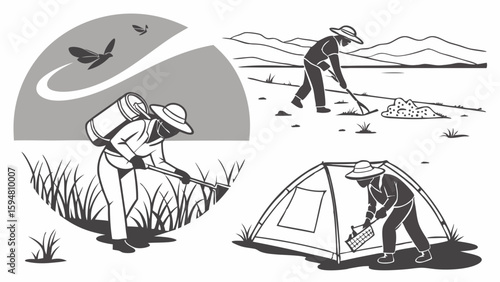 Grayscale vector art depicting various outdoor activities including crop spraying metal detecting and camping tent setup.