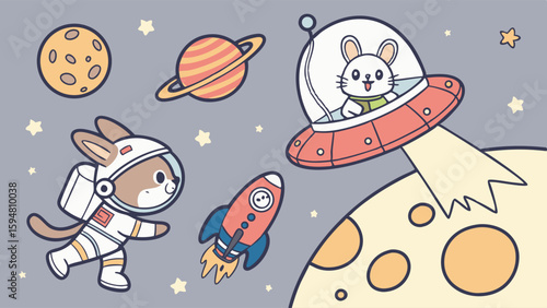 Cute cartoon bunny astronauts explore outer space with a red spaceship, rocket, ringed planet, moon, and stars. Adorable kids' cosmic adventure illustration.