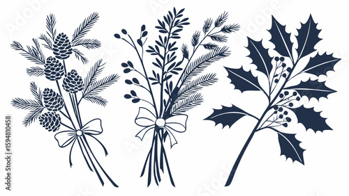 Hand drawn winter holiday foliage set with pinecones, holly, berries, and evergreen branches. Festive botanical sketches for elegant Christmas decorations.