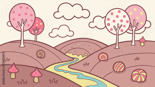 Cute whimsical pastel candy land illustration featuring pink polka dot trees, mushroom houses, a winding blue river, and sweet treats on rolling hills.