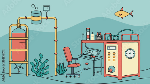 Flat design illustration of an underwater biotechnology lab with large fermentation tanks, scientific equipment, a desk, chair, and a yellow fish swimming above, depicting marine research.