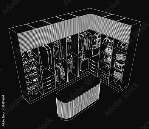 A black and white contour drawing of a spacious walk-in wardrobe featuring a central table. The closet is packed with neatly arranged clothes, shoes, and various accessories.