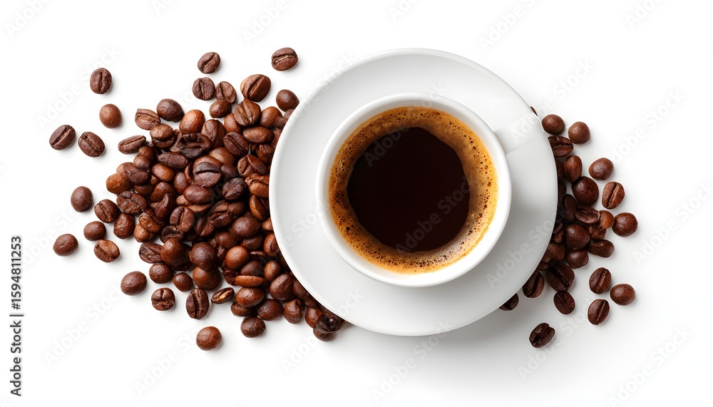 Fototapeta premium Top view of Coffee cup with coffee bean on white background. Copy space for text