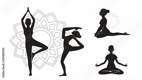 Dynamic black silhouettes of women in diverse yoga and meditation poses, including Tree and Lotus, against a serene spiritual mandala background for wellness and fitness.