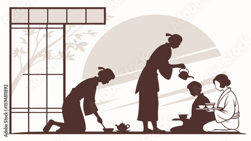 Elegant Japanese Tea Ceremony Silhouette Art. Women in Kimonos Prepare and Serve Matcha in a Traditional Zen Room with Shoji Screens, showcasing ancient culture.