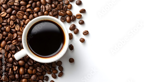 Top view of Coffee cup with coffee bean on white background. Copy space for text