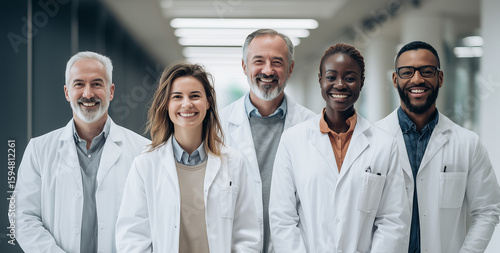 Happy team of doctors standing together in a hospital.