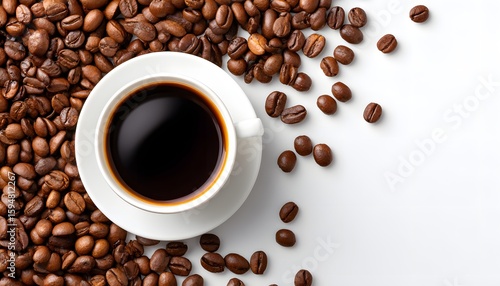 Top view of Coffee cup with coffee bean on white background. Copy space for text