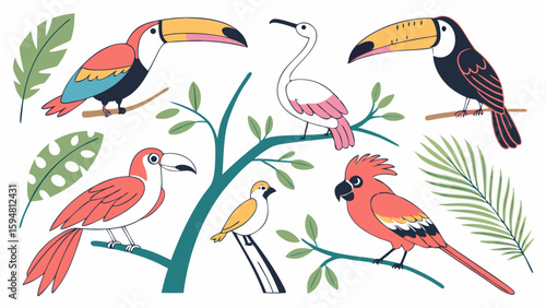 Vibrant Tropical Birds Illustration Set Featuring Exotic Toucans, Ibis, and Cardinals with Green Jungle Leaves and Branches Flat Vector Art