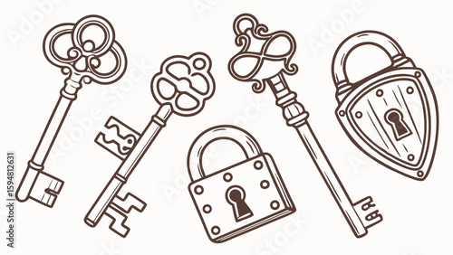 Ornate antique vintage keys and padlocks hand-drawn illustration. Decorative skeleton keys and old locks in a monochrome sketch art style for design.
