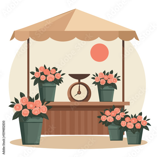Flower Stall in Whimsical Style with Coral Roses and Vintage Scale for Market Life