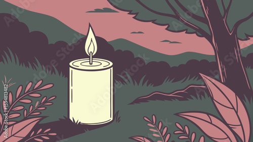 Burning candle with the flame clearly visible in green pink background vector illustration.