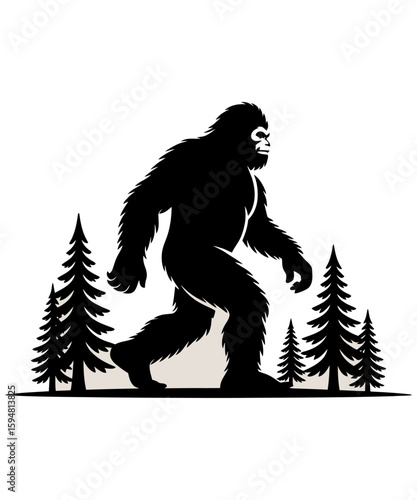 Silhouette of Bigfoot Walking Among Pine Trees A Cryptid Sighting Illustration for Forest Adventure and Mythical Creature Enthusiasts