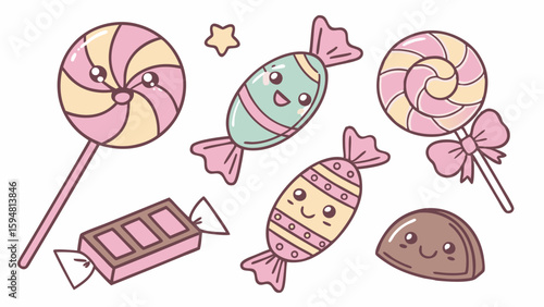 Adorable Kawaii Pastel Candies Collection Sweet Treats with Happy Faces Lollipops Wrapped Sweets Chocolate Bar Star Hand Drawn Dessert Illustration Isolated