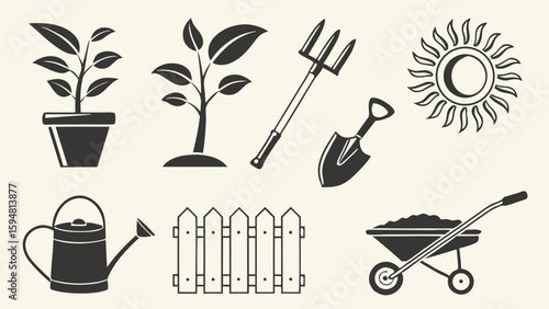 Monochrome vector icons set of essential gardening tools and plants, including a watering can, shovel, pitchfork, sun, fence, wheelbarrow, and potted saplings