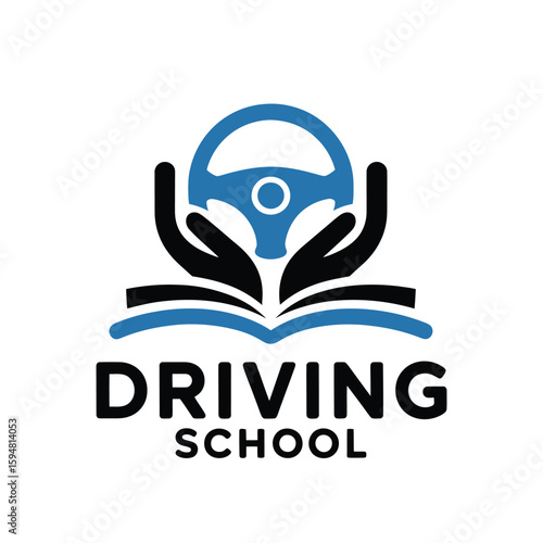 Driving school logo with steering wheel and open book