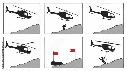 Dynamic six-panel silhouette illustration depicting heli-skiing, helicopter transport, and mountain rescue operations for skiers on steep alpine slopes.