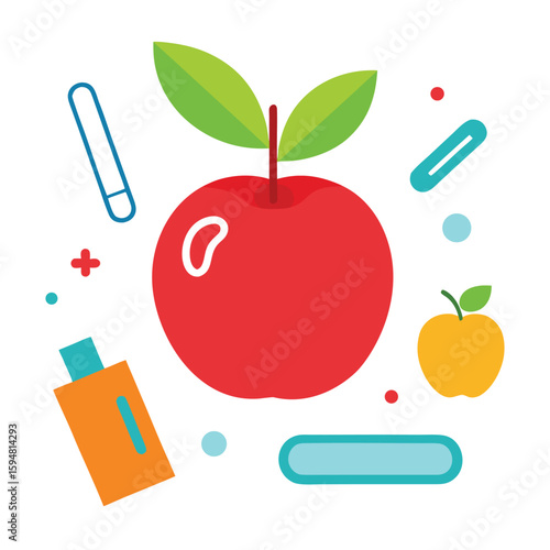 A red apple surrounded by a notebook pencil and eraser on a white background for educational or creative concepts