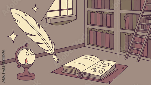 Whimsical magical library illustration featuring a floating quill, glowing globe, open spellbook, and tall bookshelves with a ladder. Cozy fantasy study scene.